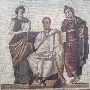 Mosaic of the poet Virgil flanked by the muses Poetry and Eloquence. This mosaic is considered the Mona Lisa of the mosaic world.